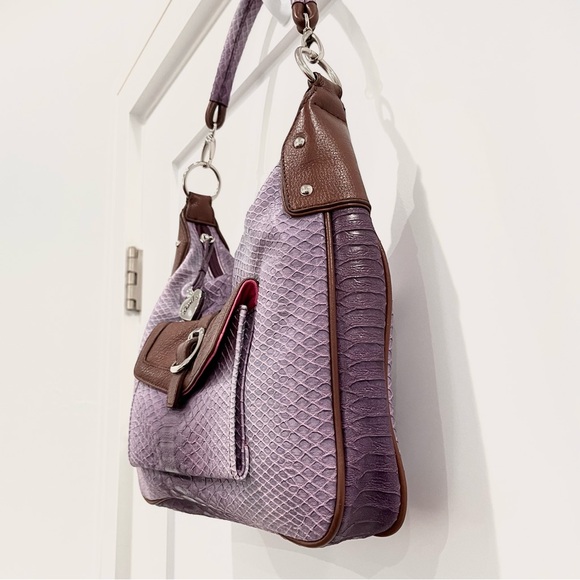 SHARIF 1827 PURPLE & BROWN HANDBAG LEATHER TRIM WITH LAMINATE AND POUCH NWOT - Picture 4 of 8